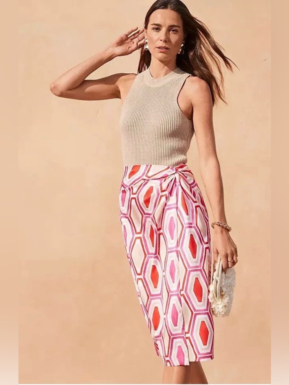 LOFT NWOT Pink Coral Geometric Wrap Skirt Petite 2P